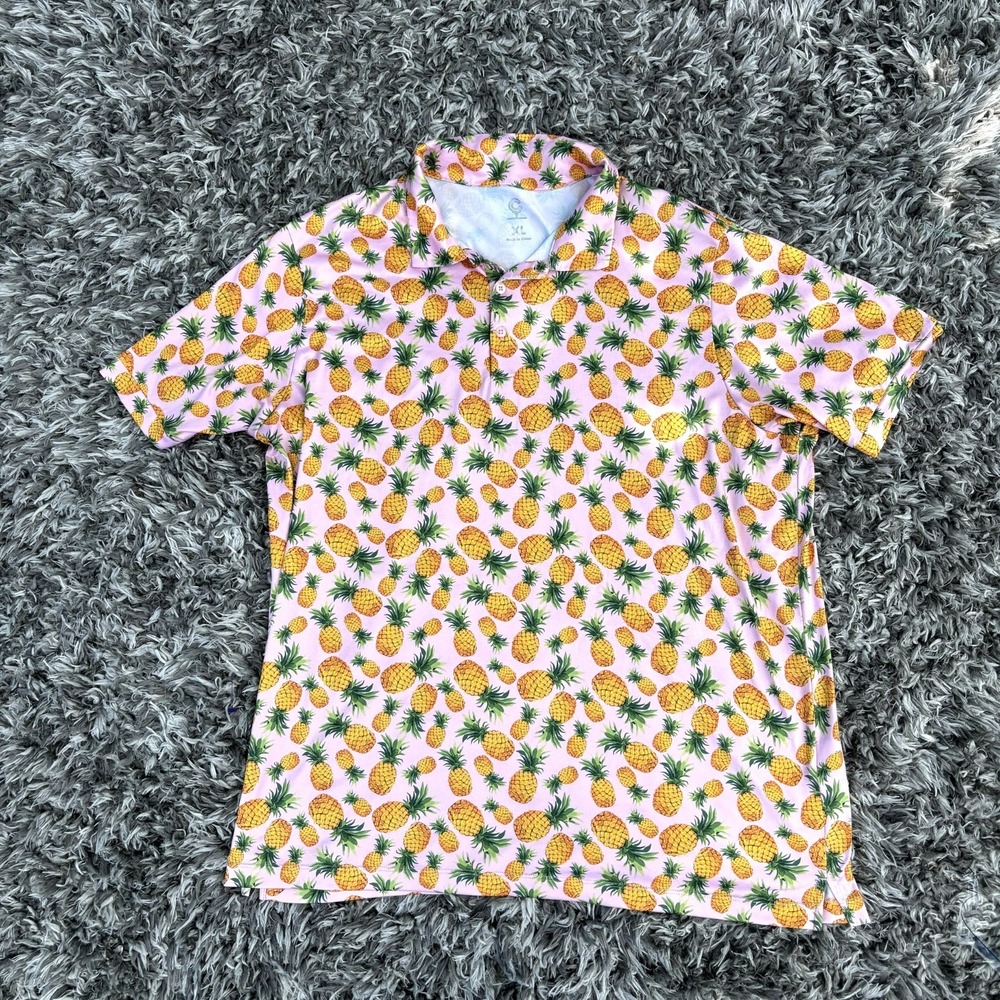 Caddy Cart Mens XL Pink Pineapple Print Performance Polo Shirt Short Sleeve
